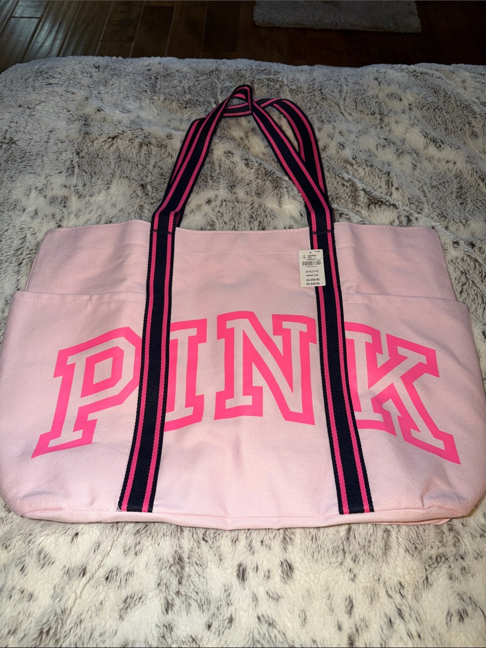 PINK Victoria's Secret Light Pink Canvas Tote with Navy and Hot Pink Straps
